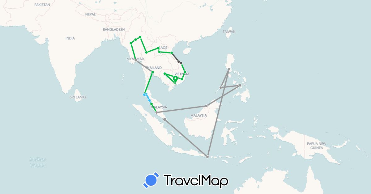 TravelMap itinerary: driving, bus, plane, boat, motorbike in Brunei, Indonesia, Cambodia, Laos, Myanmar (Burma), Malaysia, Philippines, Singapore, Thailand, Vietnam (Asia)